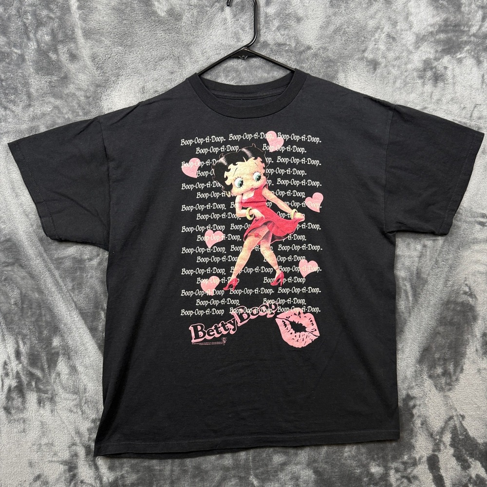 Betty Boop Graphic T-Shirt Mens XL Black 2008 Boop-Oop-A-Doop Hearts Pink Lip